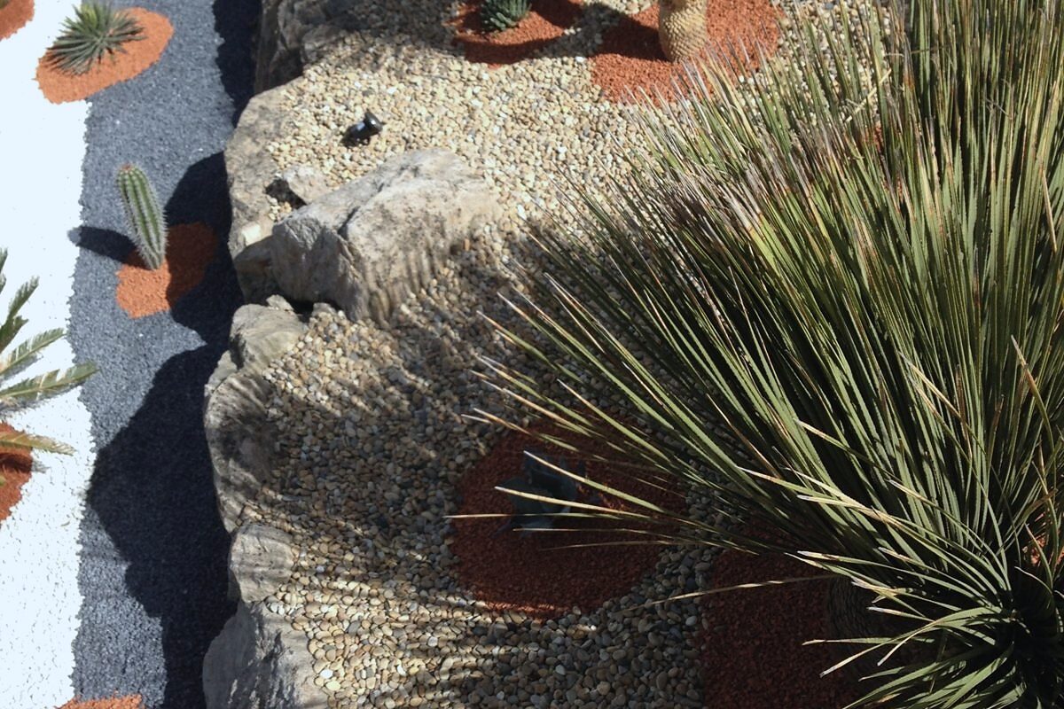 Jardin sec avec galets décoratifs et yuccas